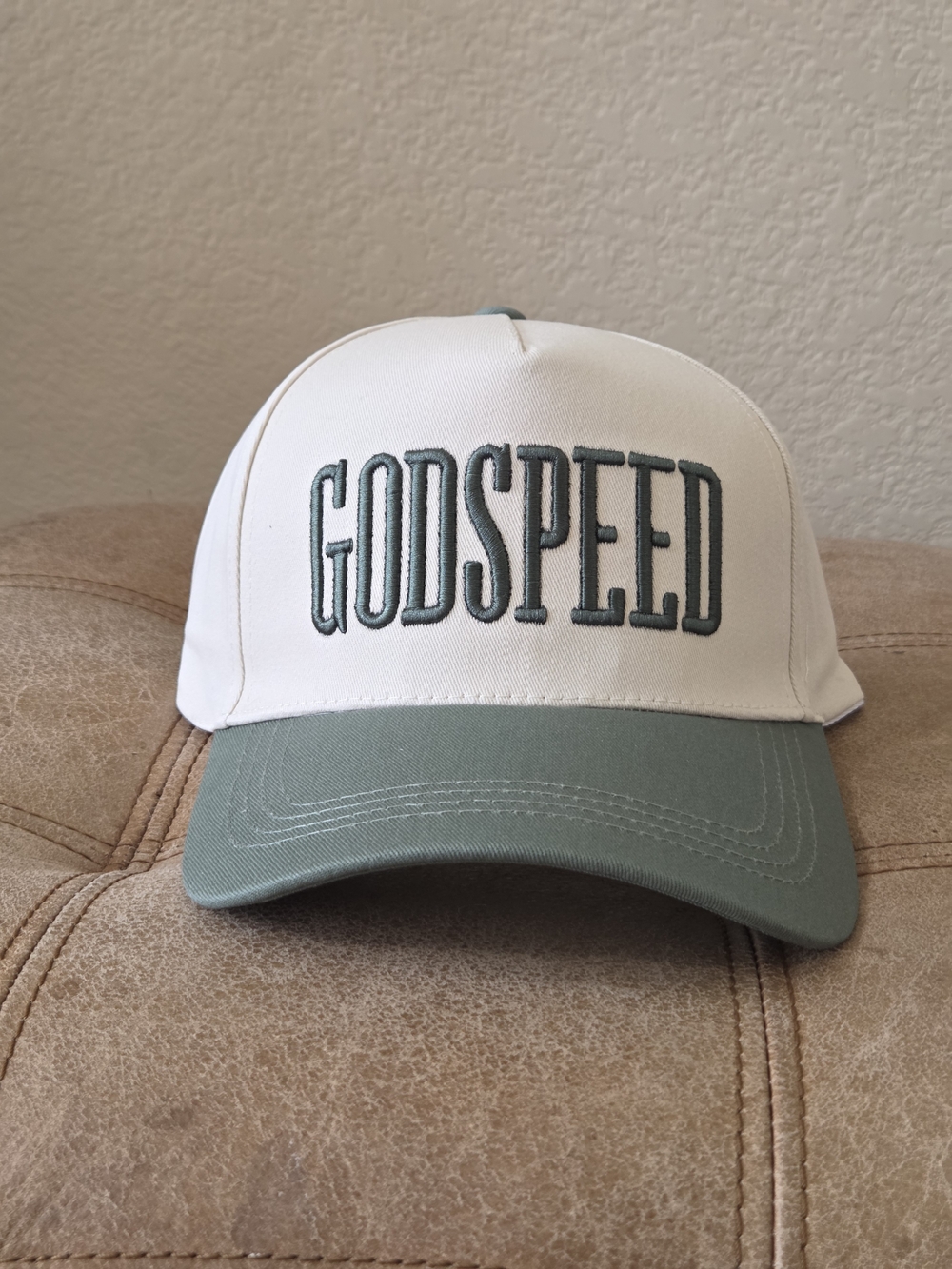 Zenana Outfitters 'GODSPEED' Two-Tone Baseball Cap - White & Sage Green